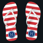 Monogramm rote und blaue Preppy-Streifen Flip Flops<br><div class="desc">Maßgeschneiderte,  bedruckte Flop-Sandalen mit einem preppy-nautical-Stripe-Muster und einem eigenen Monogramm oder einem anderen Text in einem Circle-Rahmen. Klicken Sie auf Anpassen,  um Schriftart und Farben zu ändern oder eigene Bilder hinzuzufügen,  um ein einzigartiges Design zu erstellen!</div>