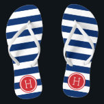 Monogramm rote und blaue Preppy-Streifen Flip Flops<br><div class="desc">Maßgeschneiderte,  bedruckte Flop-Sandalen mit einem preppy-nautical-Stripe-Muster und einem eigenen Monogramm oder einem anderen Text in einem Circle-Rahmen. Klicken Sie auf Anpassen,  um Schriftart und Farben zu ändern oder eigene Bilder hinzuzufügen,  um ein einzigartiges Design zu erstellen!</div>
