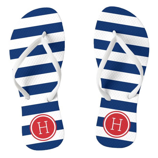 Monogramm rote und blaue Preppy-Streifen Flip Flops (Fußbett)