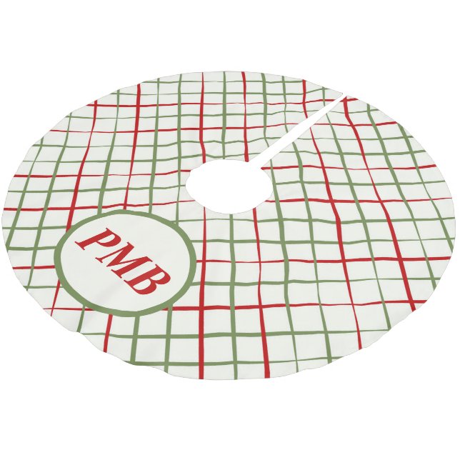 Monogramm rote und grüne Linien Polyester Weihnachtsbaumdecke (Schrägansicht)