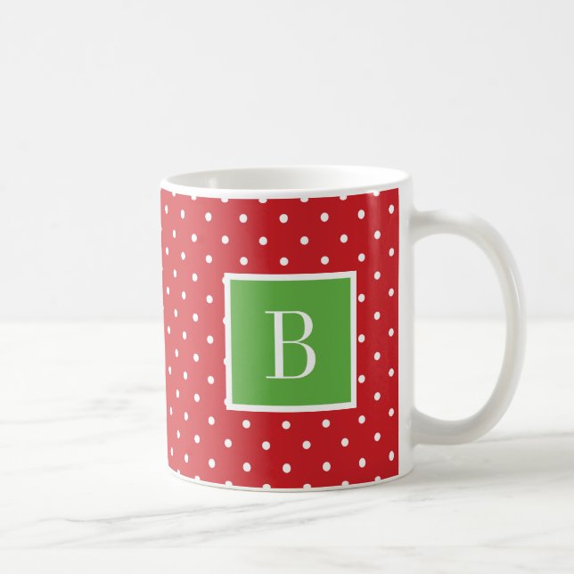 Monogramm rote und grüne Polka-Punkte Tasse (Rechts)