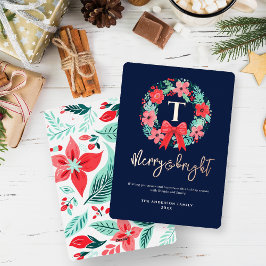Monogramm roter Bogen Kranz Blau Weihnachten  Folien Feiertagskarte