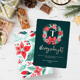 Monogramm roter Bogen Kranz grünes Weihnachten  Folien Feiertagskarte