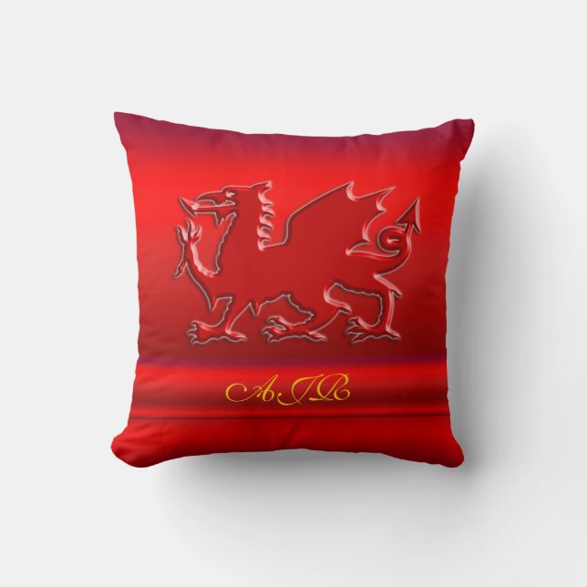 Monogramm, Roter Drache auf rot-metallischem Effek Kissen (Vorderseite)