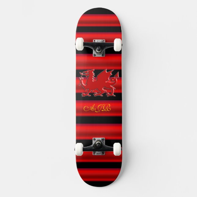 Monogramm Roter Drache, rot-metallischer Effekt St Skateboard (Vorderseite)