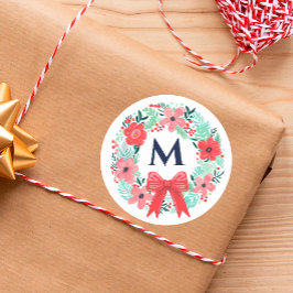 Monogramm Roter Schleifen-Blumenkranz Weihnachten Runder Aufkleber