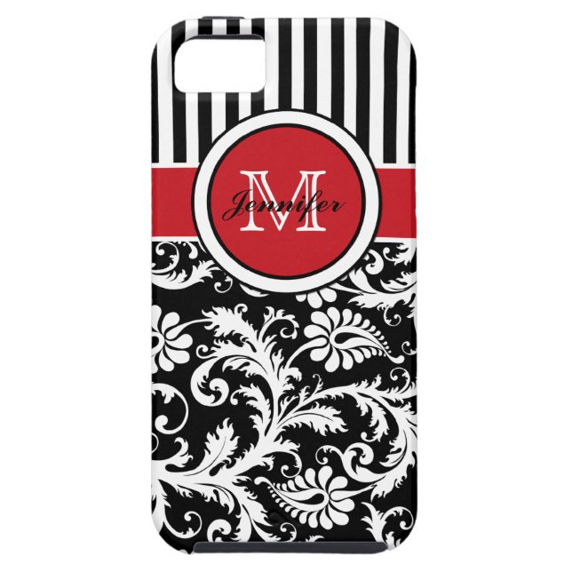 Monogramm-roter Schwarz-weißer gestreifter Damast Case-Mate iPhone Hülle (Rückseite)