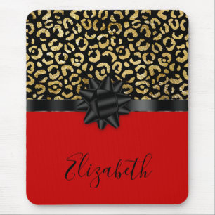 Monogramm roter schwarzer goldener Leopardenprint- Mousepad