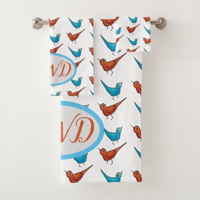Monogramm Roter Vogel Blaumerle Badhandtuch Set (Insitu)
