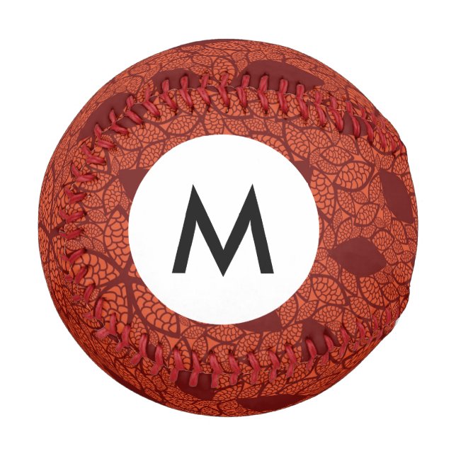 Monogramm rotes Blätter-Muster auf orange Baseball (Vorderseite Links)