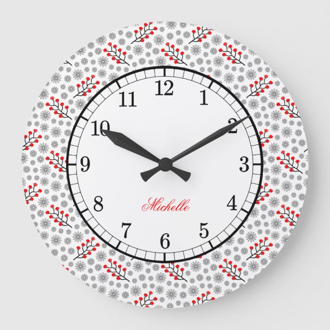Monogramm rotes graues skandinavisches Muster Große Wanduhr (Vorderseite)