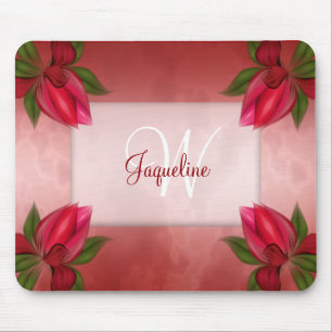 Monogramm-rotes Marmorblumen Mousepad
