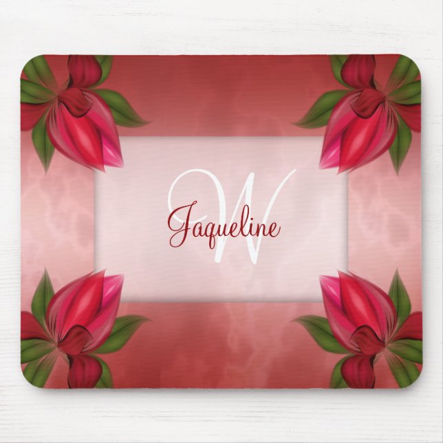 Monogramm-rotes Marmorblumen Mousepad (Vorne)