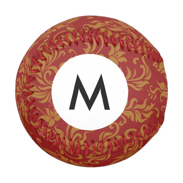 Monogramm rotes und goldenes Blumenmuster Baseball (Vorderseite Links)