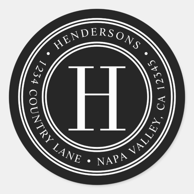 Monogramm-Rücksendeadresse in Schwarz und Weiß Runder Aufkleber (Vorderseite)
