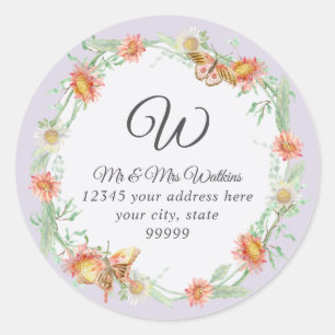 Monogramm Rücksendeadresse Lilac Lila Coral Floral Runder Aufkleber