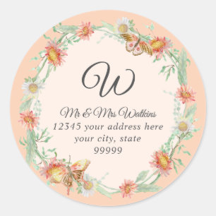 Monogramm Rücksendeadresse Peach Ivory Coral Flora Runder Aufkleber