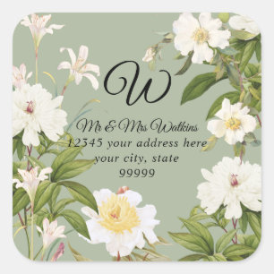 Monogramm-Rücksendeetikett Sage Lily Rose Pfingstr Quadratischer Aufkleber