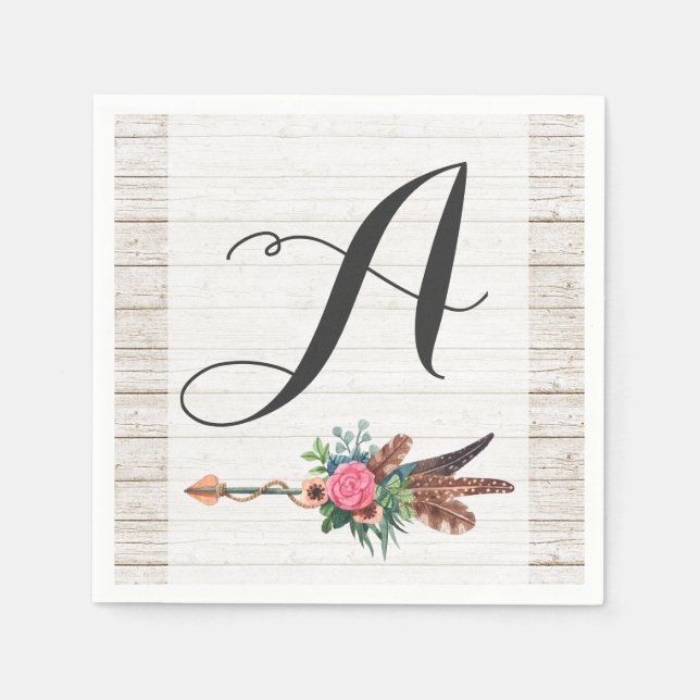 Monogramm Rustikal Boho Federn Pfeil Hochzeit Serviette (Vorderseite)