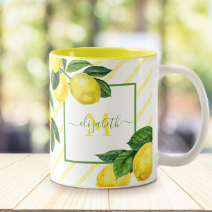 Monogramm rustikale Lemonen Aquarellstreifen Zweifarbige Tasse