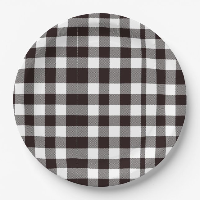 Monogramm rustikaler Chic Braun und Weiß Kariert Pappteller (Vorderseite)