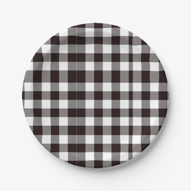 Monogramm rustikaler Chic Braun und Weiß Kariert Pappteller (Vorderseite)