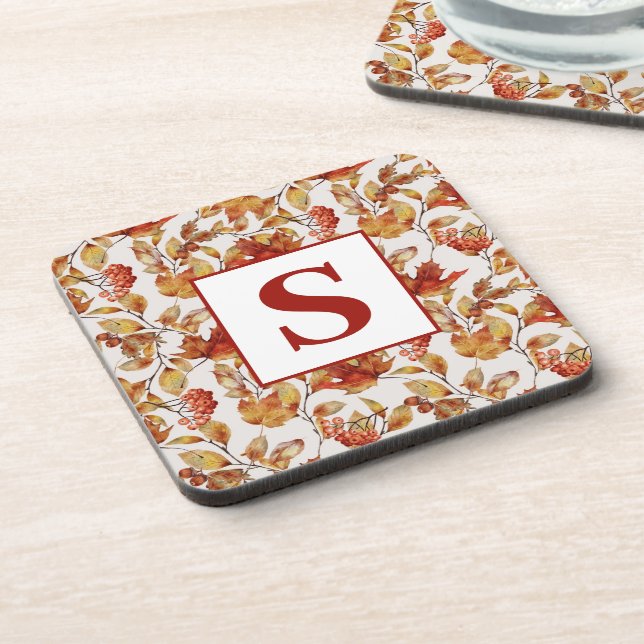 Monogramm Rustikaler Leaf Herbst Getränkeuntersetzer (Linke Seite)