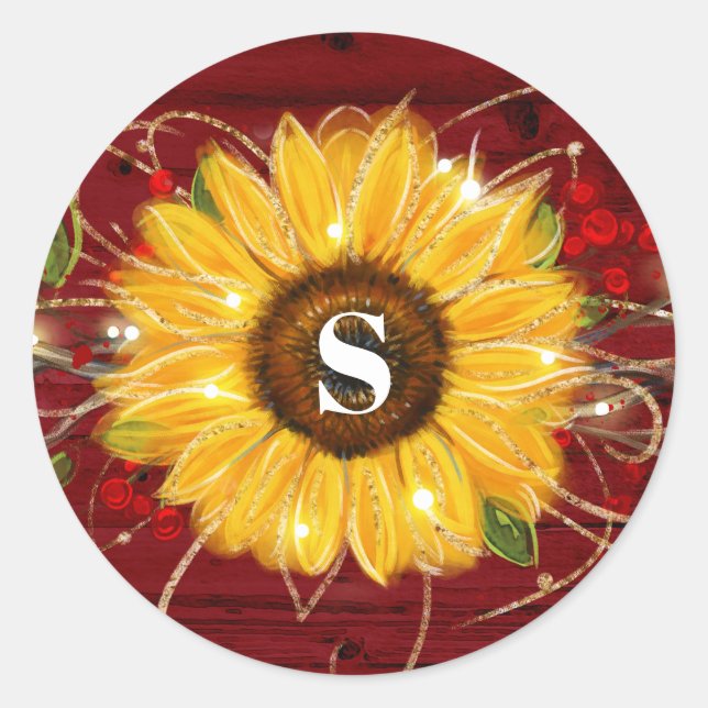 Monogramm-rustikaler roter runder aufkleber (Vorderseite)