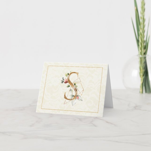 Monogramm S Floral Note Card Gold Karte (Vorderseite)