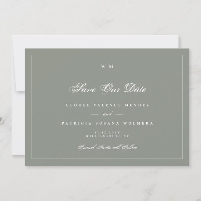 Monogramm-Sage Grey Foto Hochzeit Save The Date (Vorderseite)