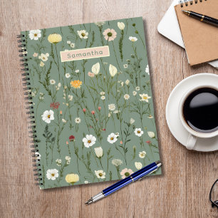 Monogramm Sage Grün Gelb Weiße Wildblumen Boho Notizbuch