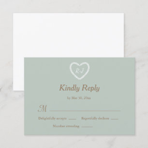 Monogramm Sage Weißgold Herzförmige Hochzeits-RSVP Einladung