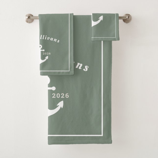 Monogramm Sagegrün Küstennautikanker Weiß Badhandtuch Set (Insitu)