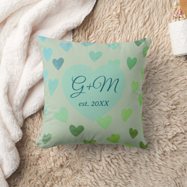 Monogramm Salbei-Blau-Retro-Boho Herz Muster Kissen (Decke)