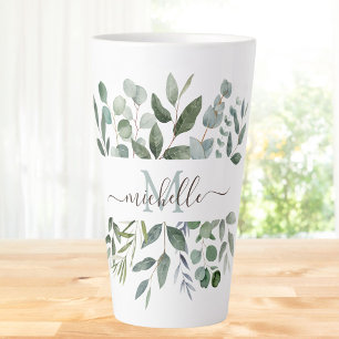 Monogramm Salbeigrün Eukalyptus Grünzeug Blätter Milchtasse