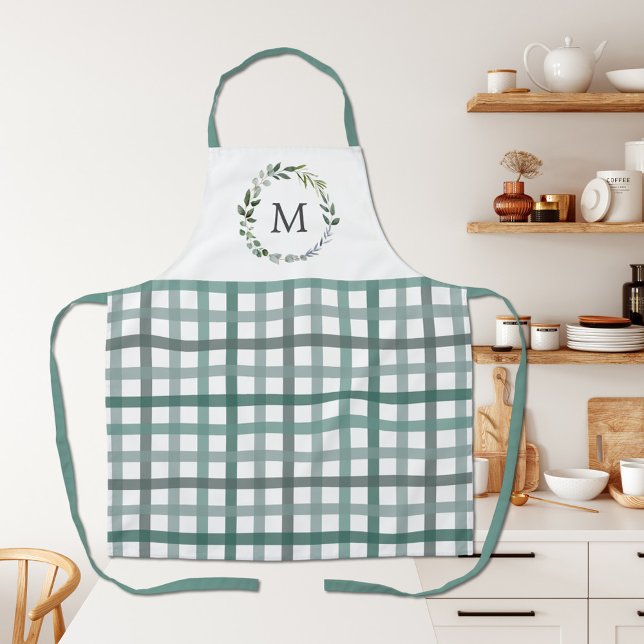 Monogramm Salbeigrüne Blätter Gingham Karomuster Schürze (In situ)