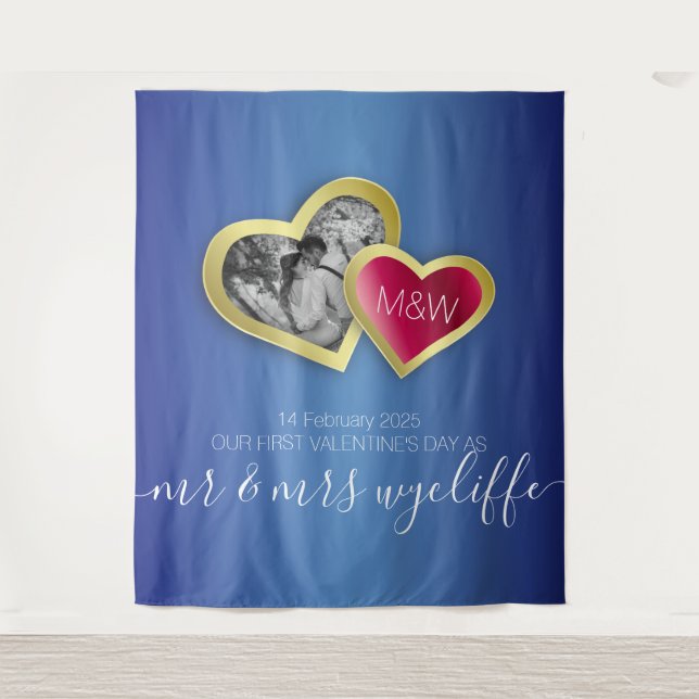 Monogramm Sapphire Blue Ruby Red Valentine Foto Wandteppich (Vorderseite)