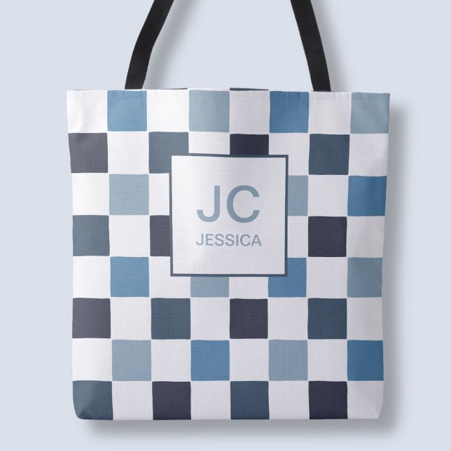 Monogramm-Schachbrett-Blau Moderne einfache Initia (Monogram Checkered Blue Modern Simple Initals Chic Tote Bag)