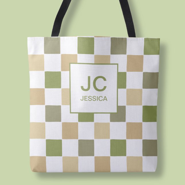 Monogramm-Schachbrettmuster Grün Modern Einfache I (Monogram Checkered Green Modern Simple Initals Tote Bag)