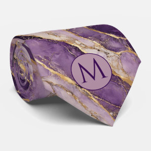 Monogramm Schlipseideimitat Krawatte Lila + Gold