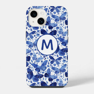 Monogramm Schmetterling Wasserfarbe Blau iPhone 14 Hülle