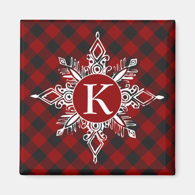 Monogramm-Schneeflocke auf kariert Magnet (Vorne)