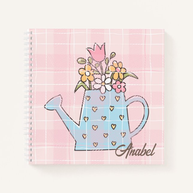 Monogramm schöne handgezeichnete Botanik Pink Blau Notizbuch (Vorderseite)