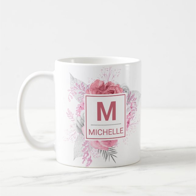 Monogramm schöne rosa, weiße und silberne Blume Kaffeetasse (Links)