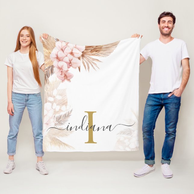 Monogramm Schrift Pampas Gras Name Anfangsbuchstab Fleecedecke (Beispiel)