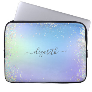 Monogramm Schrift Regenbogen Glitter Blau Lila Laptopschutzhülle
