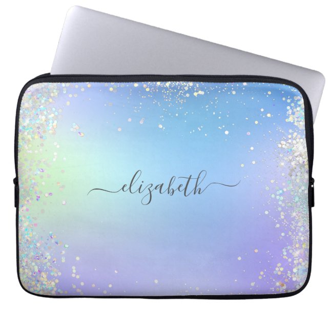 Monogramm Schrift Regenbogen Glitter Blau Lila  Laptopschutzhülle (Vorderseite)