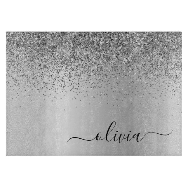 Monogramm Schrift Silber Schwarz Glitter Mädchen N Schneidebrett (Vorderseite)