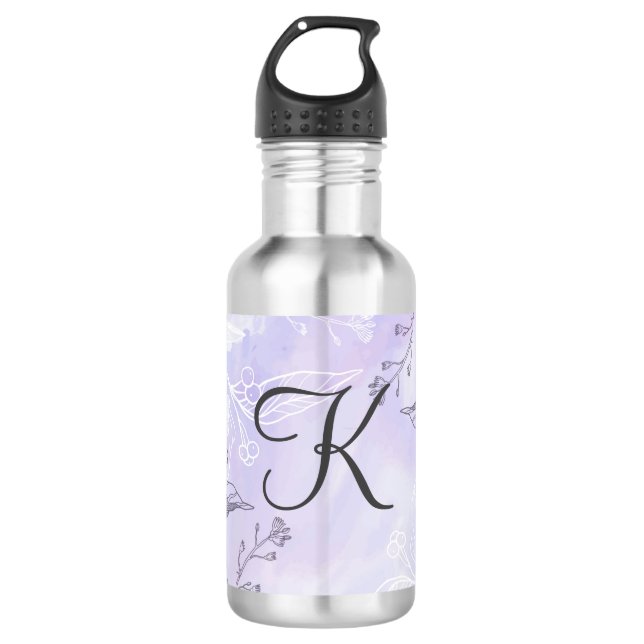 Monogramm-Schrift Weiß Grau Lila Blumen  Edelstahlflasche (Vorderseite)