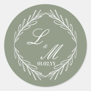 Monogramm Schrift Zweig Sage Grün Hochzeit Runder Aufkleber